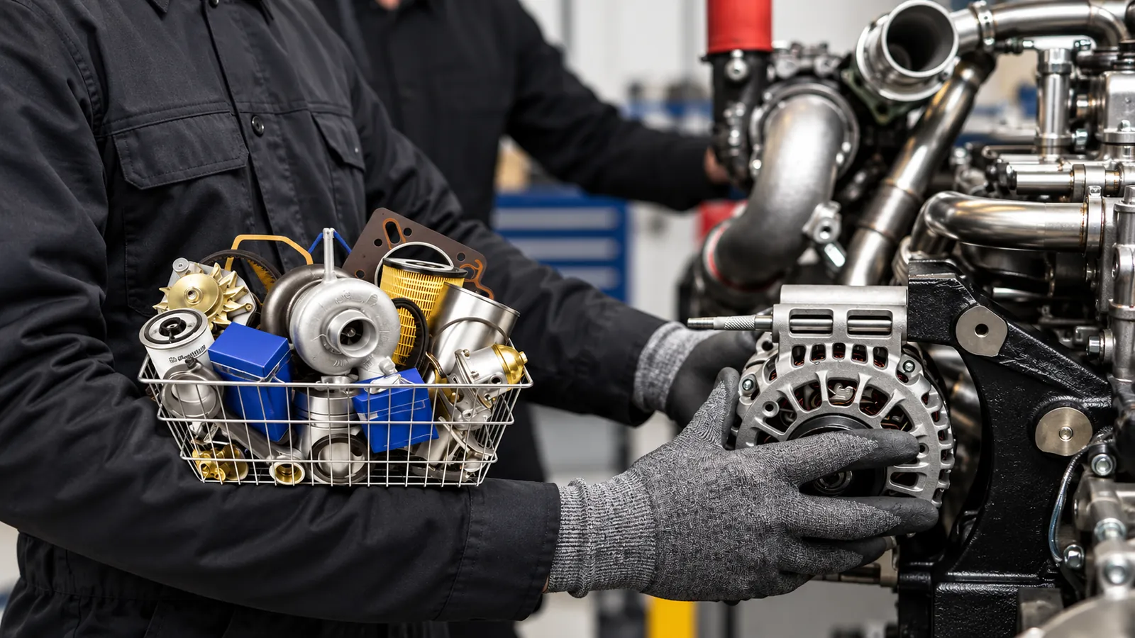 Powermec technicians servicing a generator engine