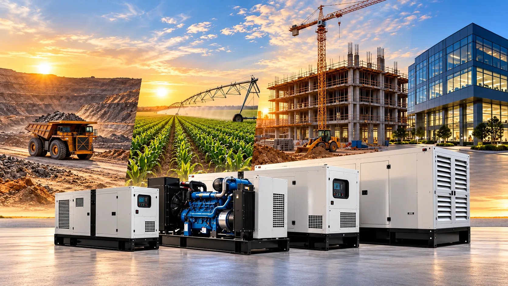Powermec generator sets in front of mining, farming, construction and city scenes