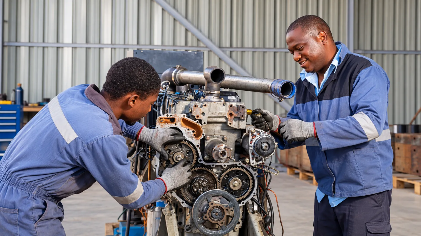 Powermec technicians overhauling a diesel engine in the workshop
